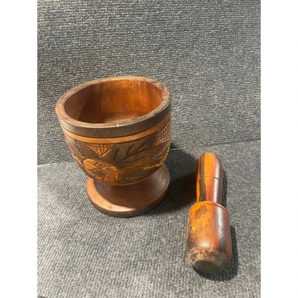 Hand Carved Wooden Mortar and Pestle Set Floral Design Rustic Brown Kitchen Tool